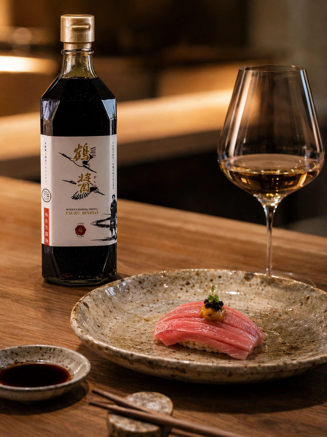 Intimate Japanese table with pouring, ingredients and conversation